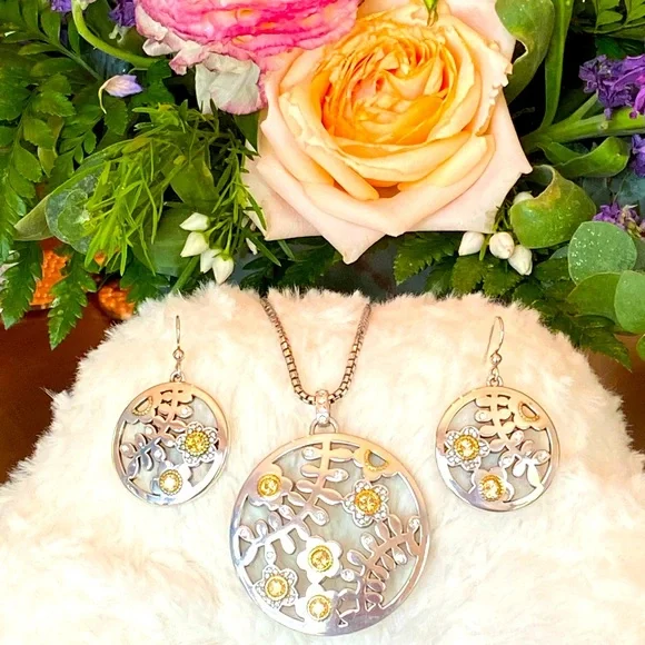 Brighton FRANCESCA Silver Champagne gold Flowers Necklace Bracelet Earrings RARE